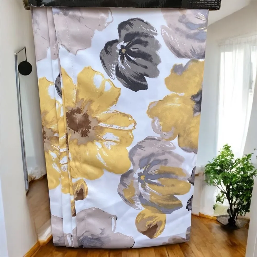NWT New Half Moon Leah Yellow/White/Grey Floral Curtain Panels 52